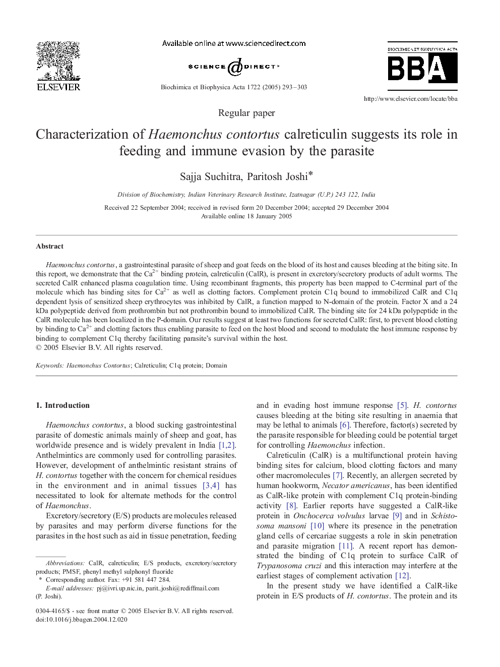 Characterization of Haemonchus contortus calreticulin suggests its role in feeding and immune evasion by the parasite