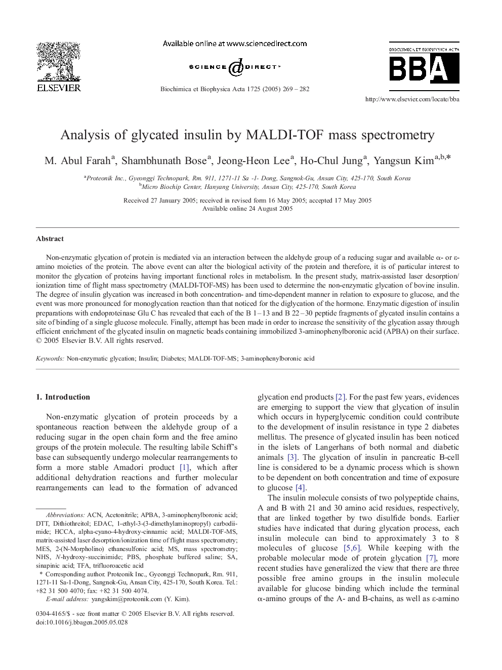 Analysis of glycated insulin by MALDI-TOF mass spectrometry