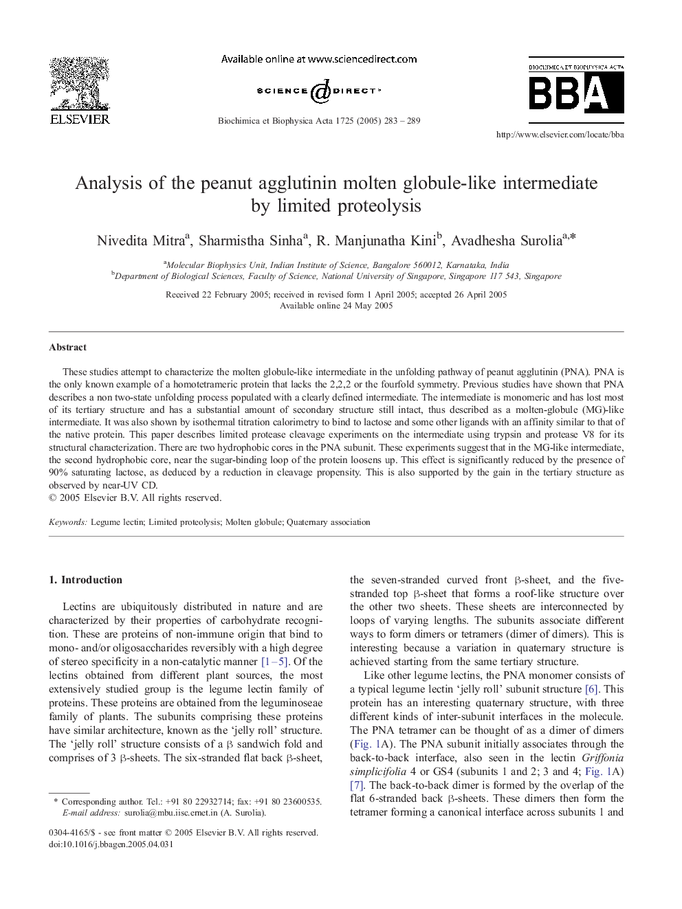 Analysis of the peanut agglutinin molten globule-like intermediate by limited proteolysis