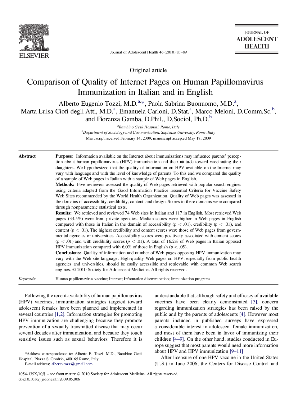 Comparison of Quality of Internet Pages on Human Papillomavirus Immunization in Italian and in English