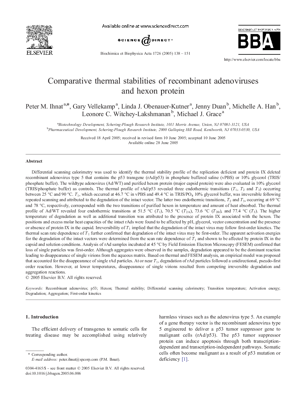 Comparative thermal stabilities of recombinant adenoviruses and hexon protein