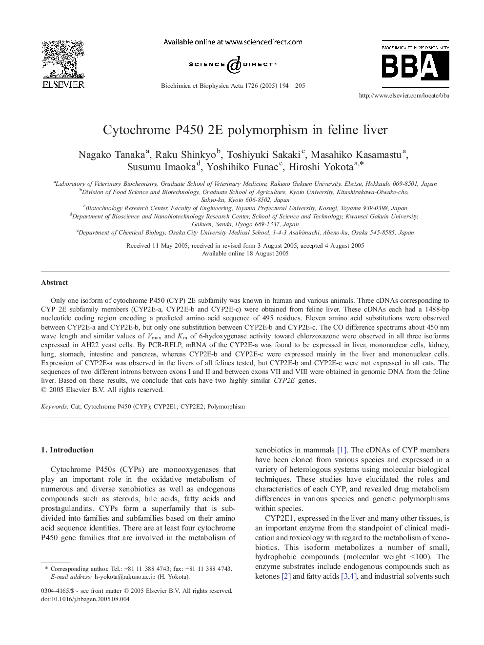 Cytochrome P450 2E polymorphism in feline liver