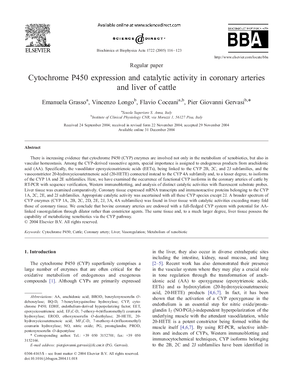 Cytochrome P450 expression and catalytic activity in coronary arteries and liver of cattle