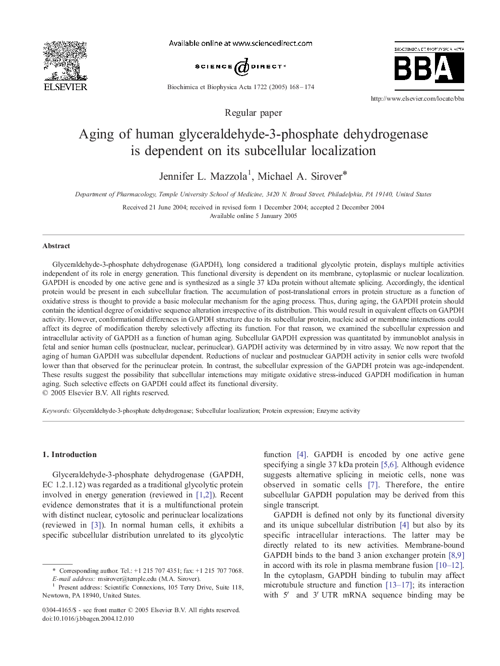 Aging of human glyceraldehyde-3-phosphate dehydrogenase is dependent on its subcellular localization