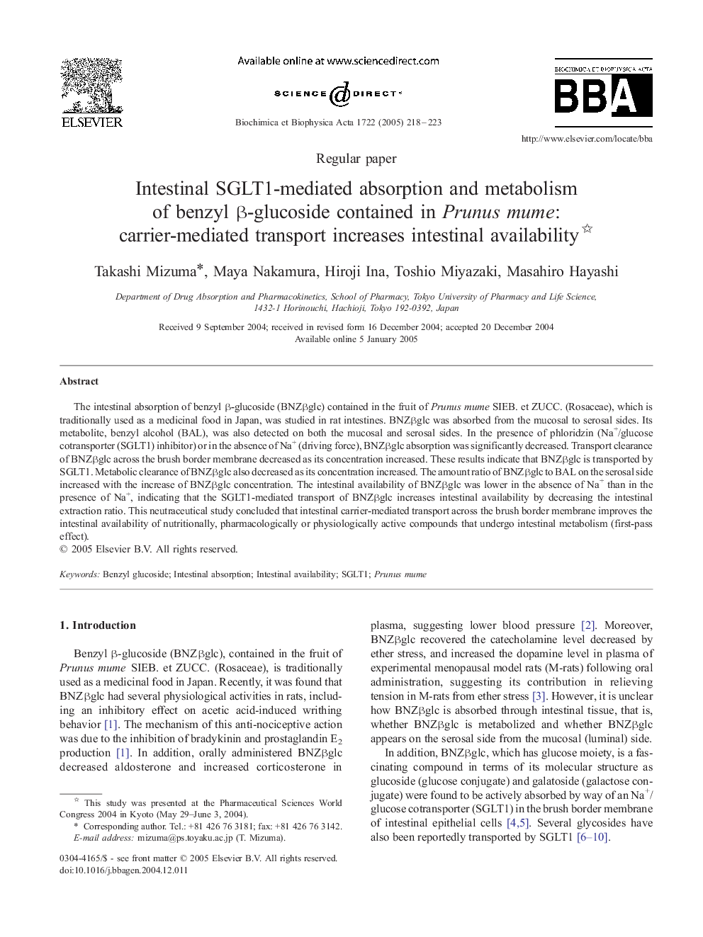 Intestinal SGLT1-mediated absorption and metabolism of benzyl Î²-glucoside contained in Prunus mume: carrier-mediated transport increases intestinal availability