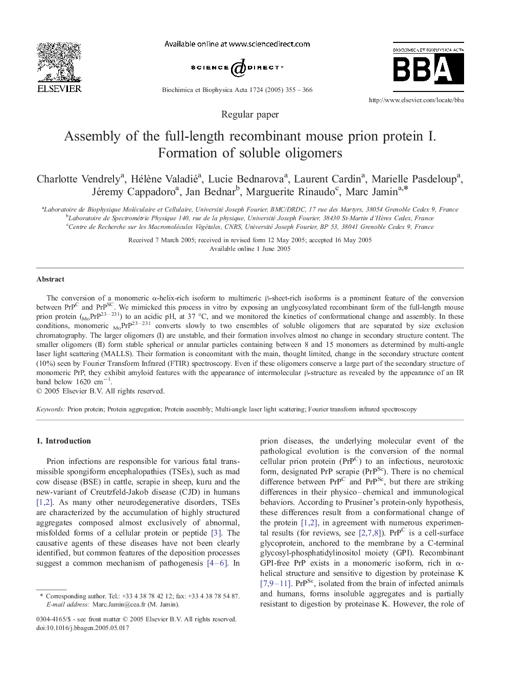 Assembly of the full-length recombinant mouse prion protein I. Formation of soluble oligomers