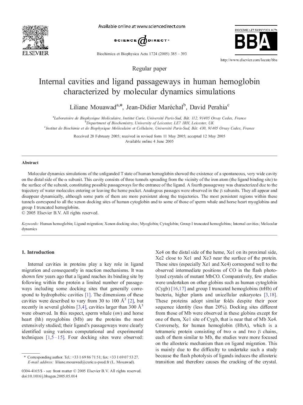 Internal cavities and ligand passageways in human hemoglobin characterized by molecular dynamics simulations