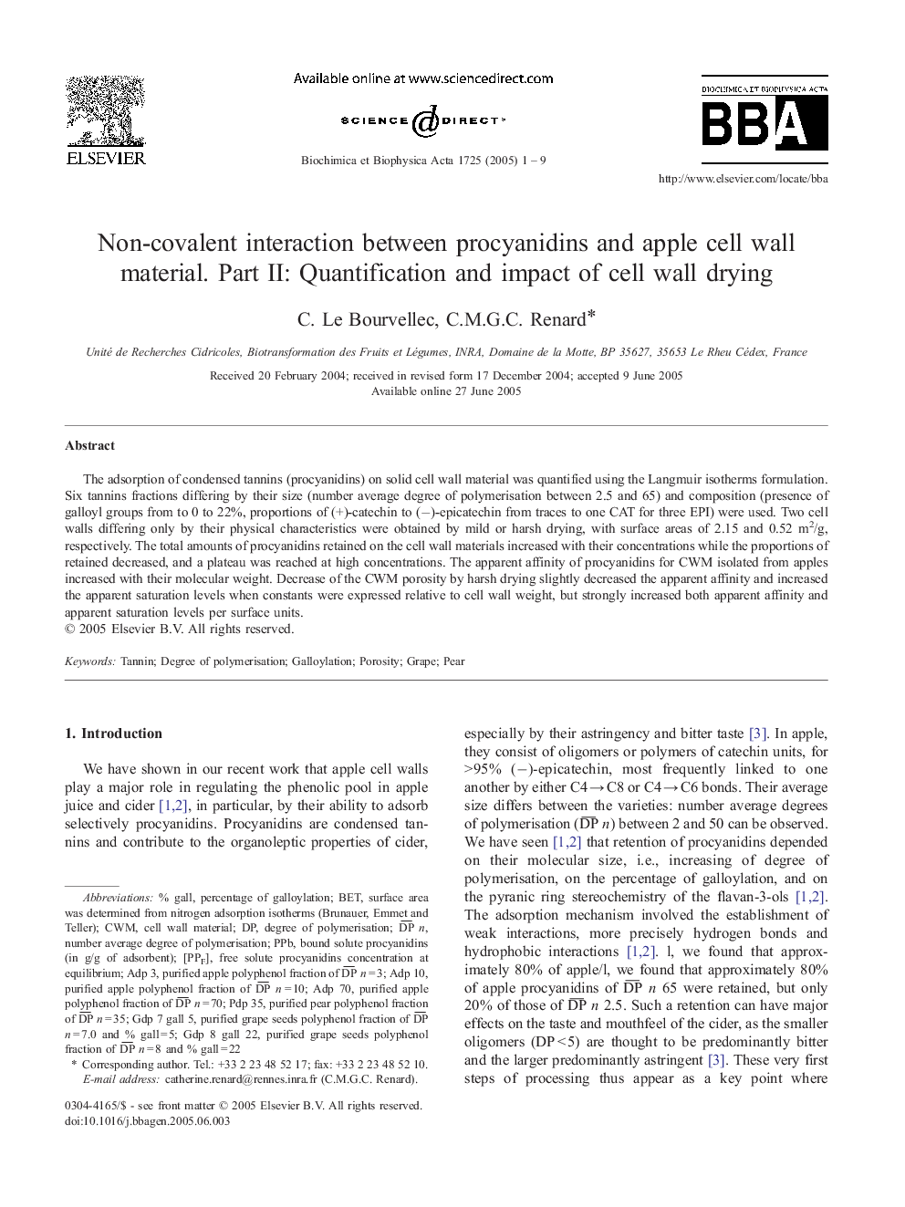 Non-covalent interaction between procyanidins and apple cell wall material. Part II: Quantification and impact of cell wall drying