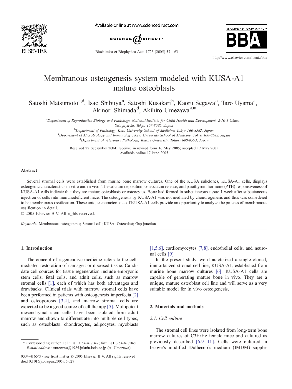 Membranous osteogenesis system modeled with KUSA-A1 mature osteoblasts