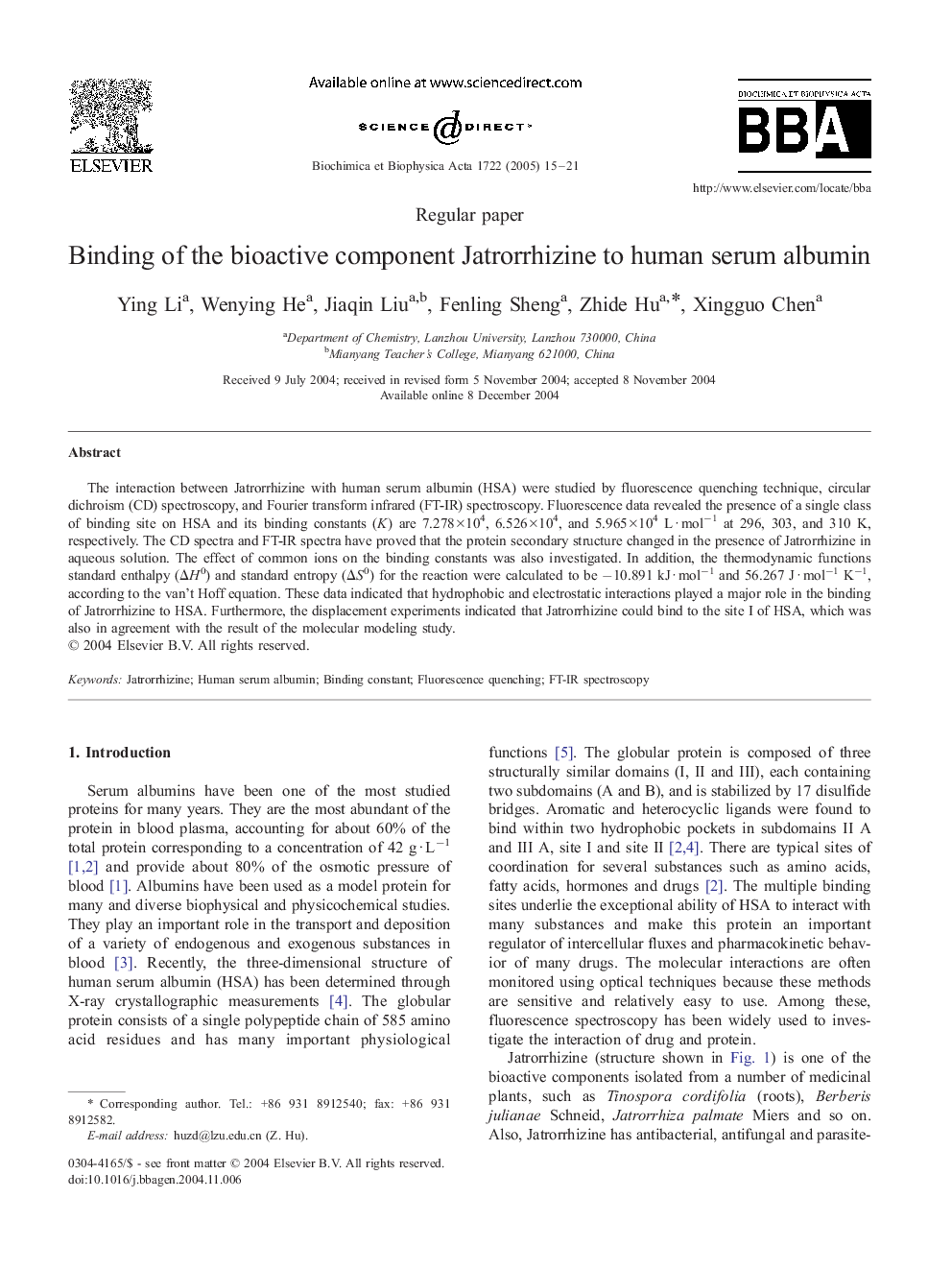 Binding of the bioactive component Jatrorrhizine to human serum albumin