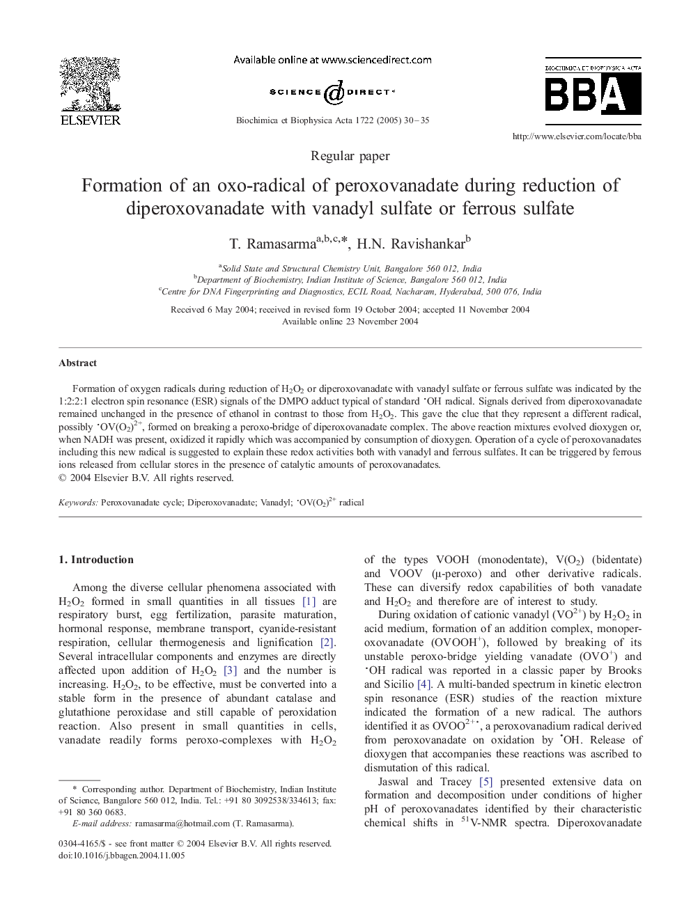 Formation of an oxo-radical of peroxovanadate during reduction of diperoxovanadate with vanadyl sulfate or ferrous sulfate