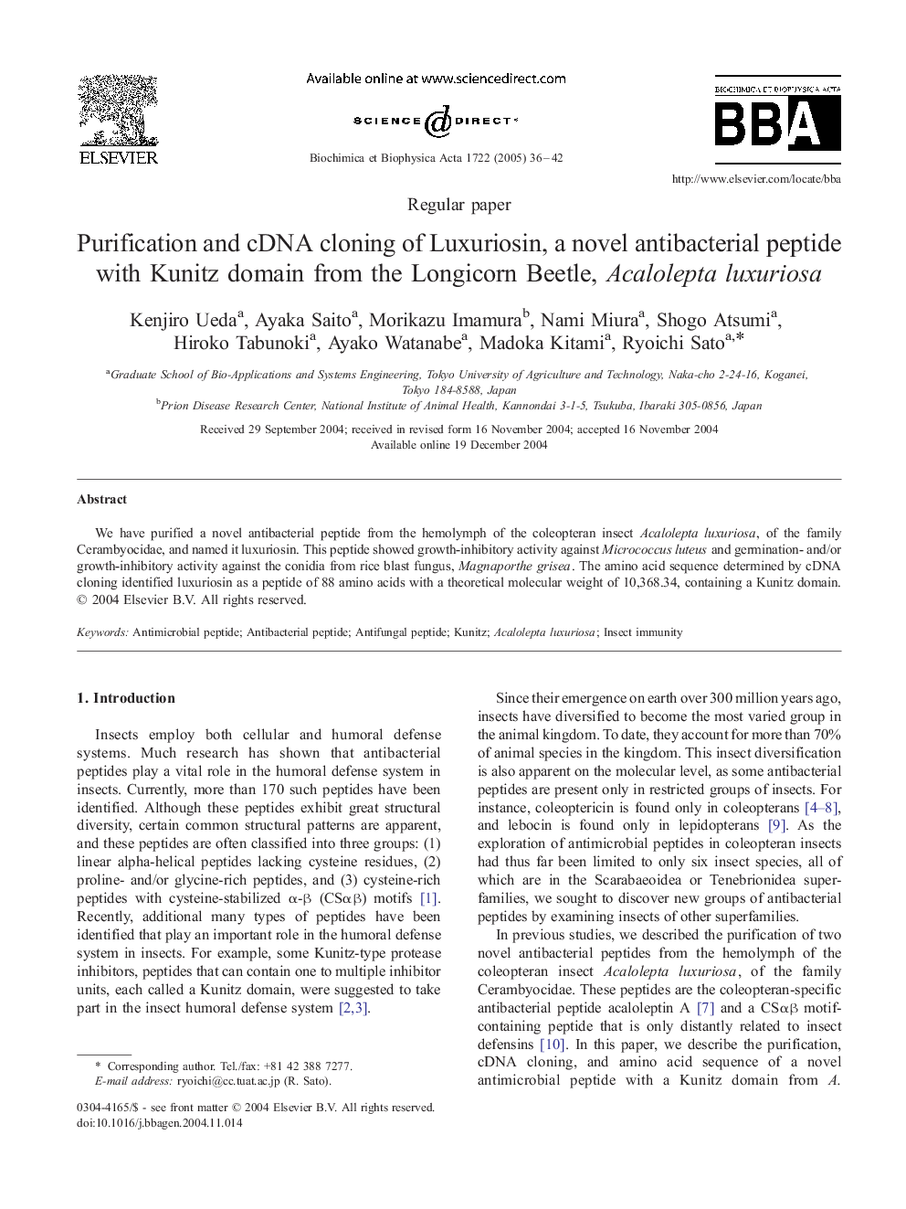 Purification and cDNA cloning of Luxuriosin, a novel antibacterial peptide with Kunitz domain from the Longicorn Beetle, Acalolepta luxuriosa