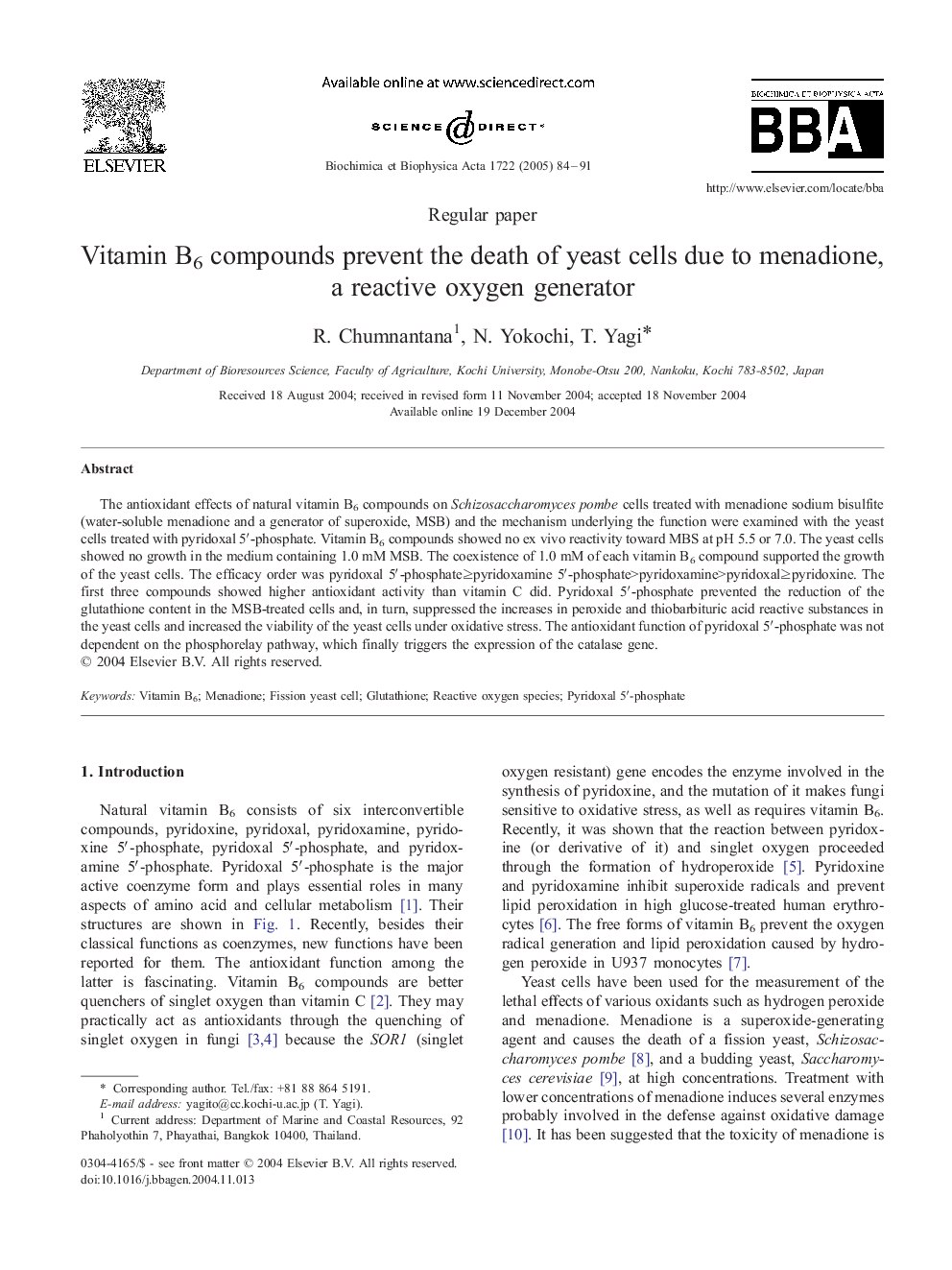 Vitamin B6 compounds prevent the death of yeast cells due to menadione, a reactive oxygen generator