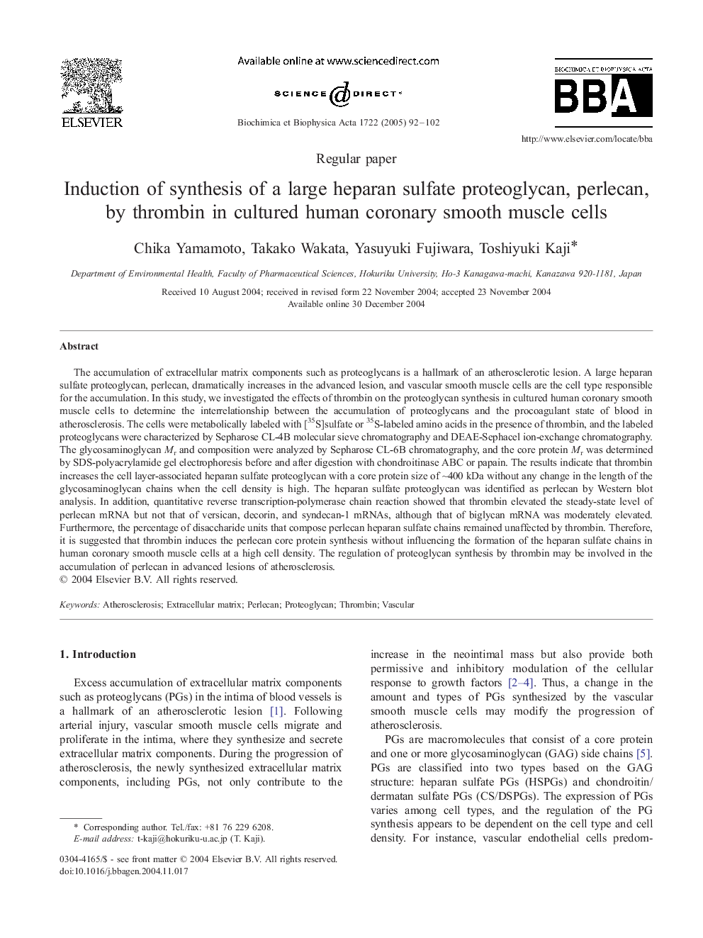 Induction of synthesis of a large heparan sulfate proteoglycan, perlecan, by thrombin in cultured human coronary smooth muscle cells