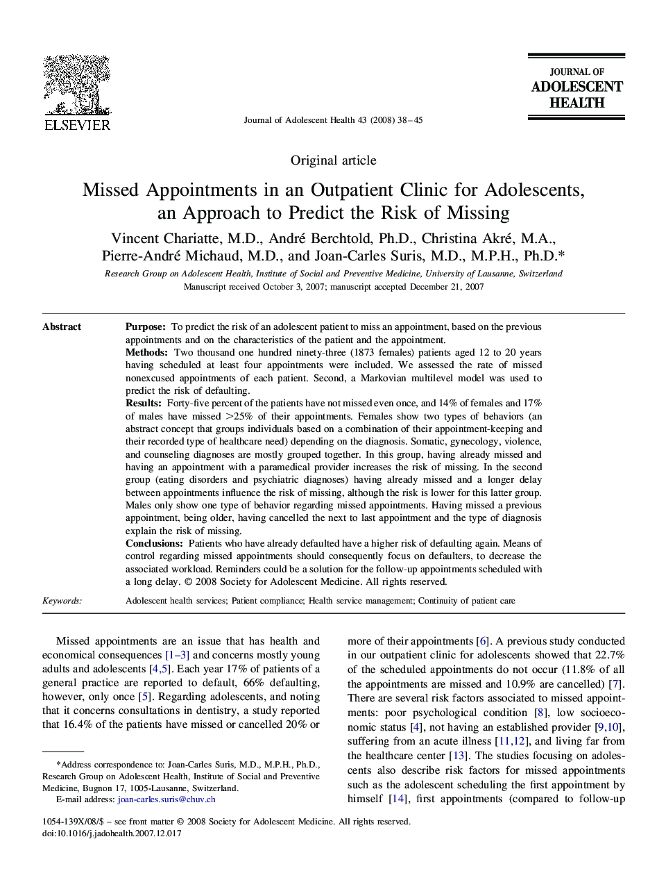 Missed Appointments in an Outpatient Clinic for Adolescents, an Approach to Predict the Risk of Missing