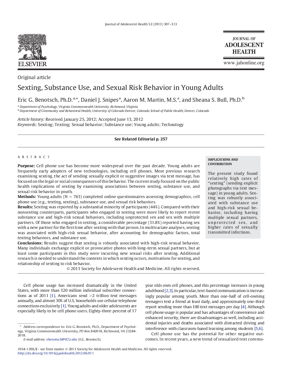 Sexting, Substance Use, and Sexual Risk Behavior in Young Adults