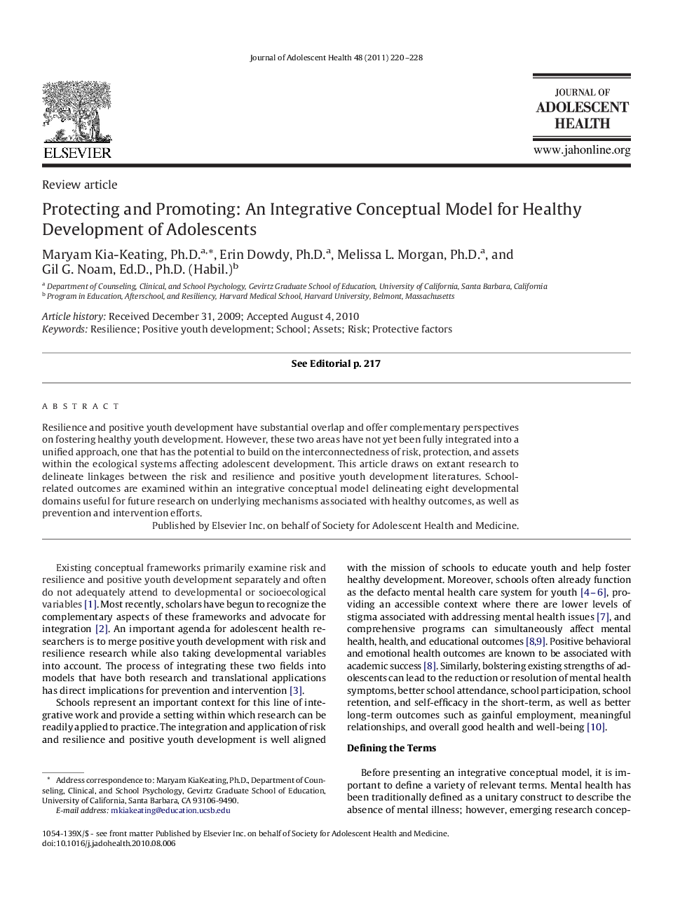 Protecting and Promoting: An Integrative Conceptual Model for Healthy Development of Adolescents