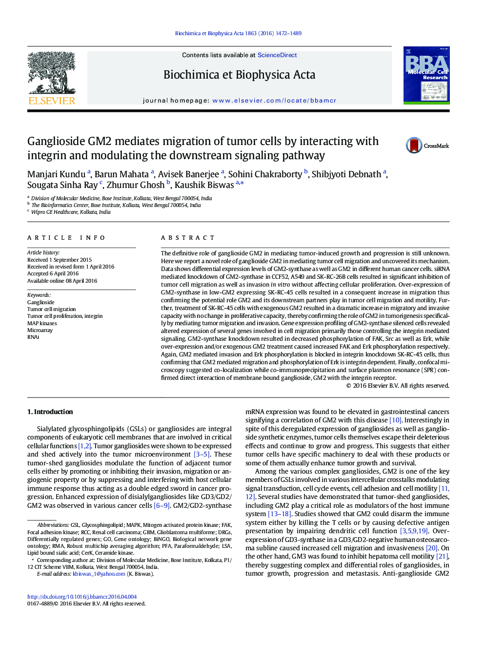 Ganglioside GM2 mediates migration of tumor cells by interacting with integrin and modulating the downstream signaling pathway