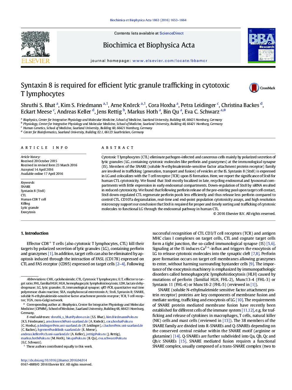 Syntaxin 8 is required for efficient lytic granule trafficking in cytotoxic T lymphocytes