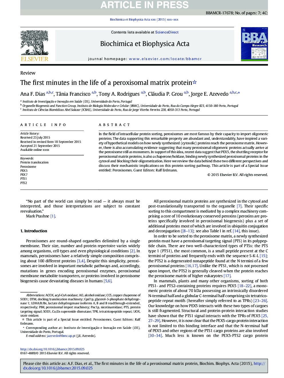 The first minutes in the life of a peroxisomal matrix protein