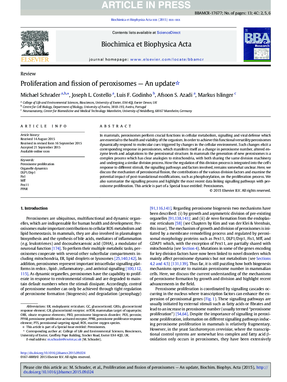 Proliferation and fission of peroxisomes - An update