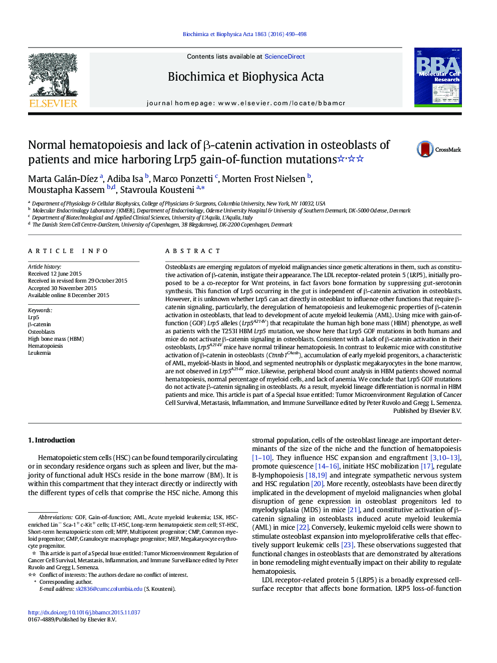 Normal hematopoiesis and lack of Î²-catenin activation in osteoblasts of patients and mice harboring Lrp5 gain-of-function mutations