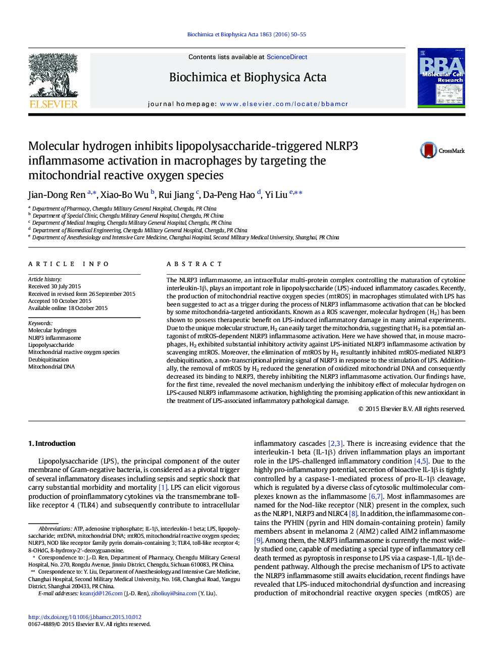 Molecular hydrogen inhibits lipopolysaccharide-triggered NLRP3 inflammasome activation in macrophages by targeting the mitochondrial reactive oxygen species
