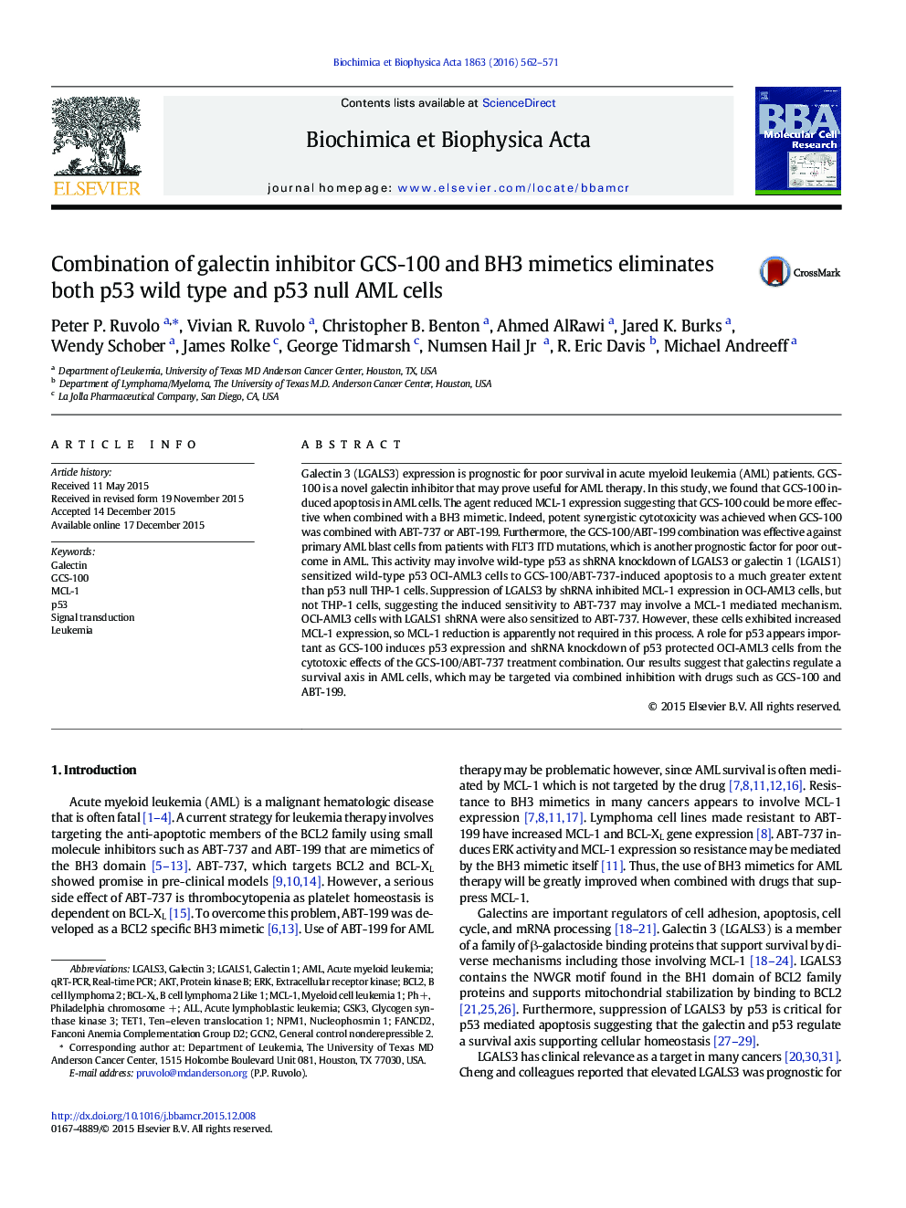 Combination of galectin inhibitor GCS-100 and BH3 mimetics eliminates both p53 wild type and p53 null AML cells