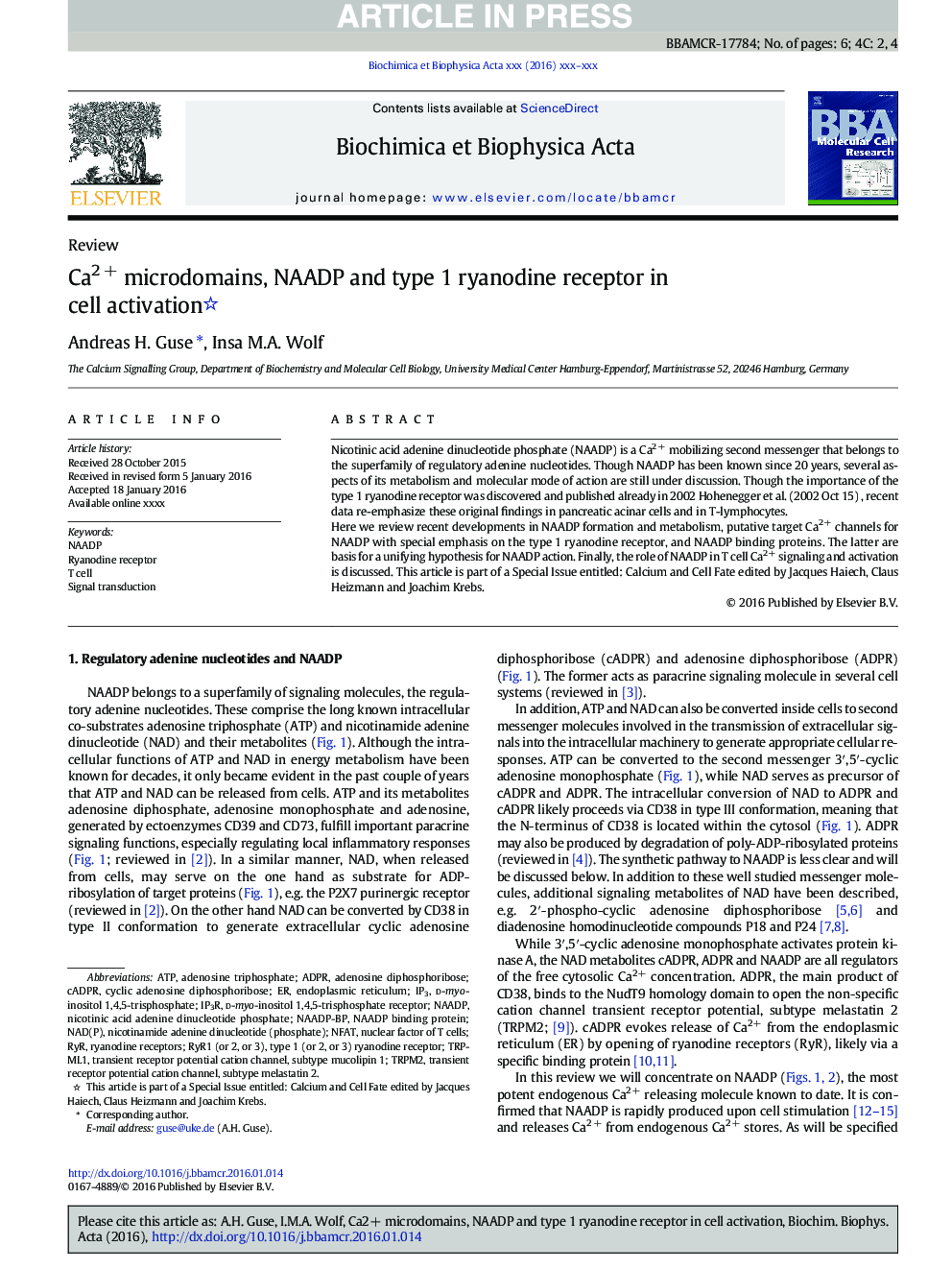 Ca2Â + microdomains, NAADP and type 1 ryanodine receptor in cell activation