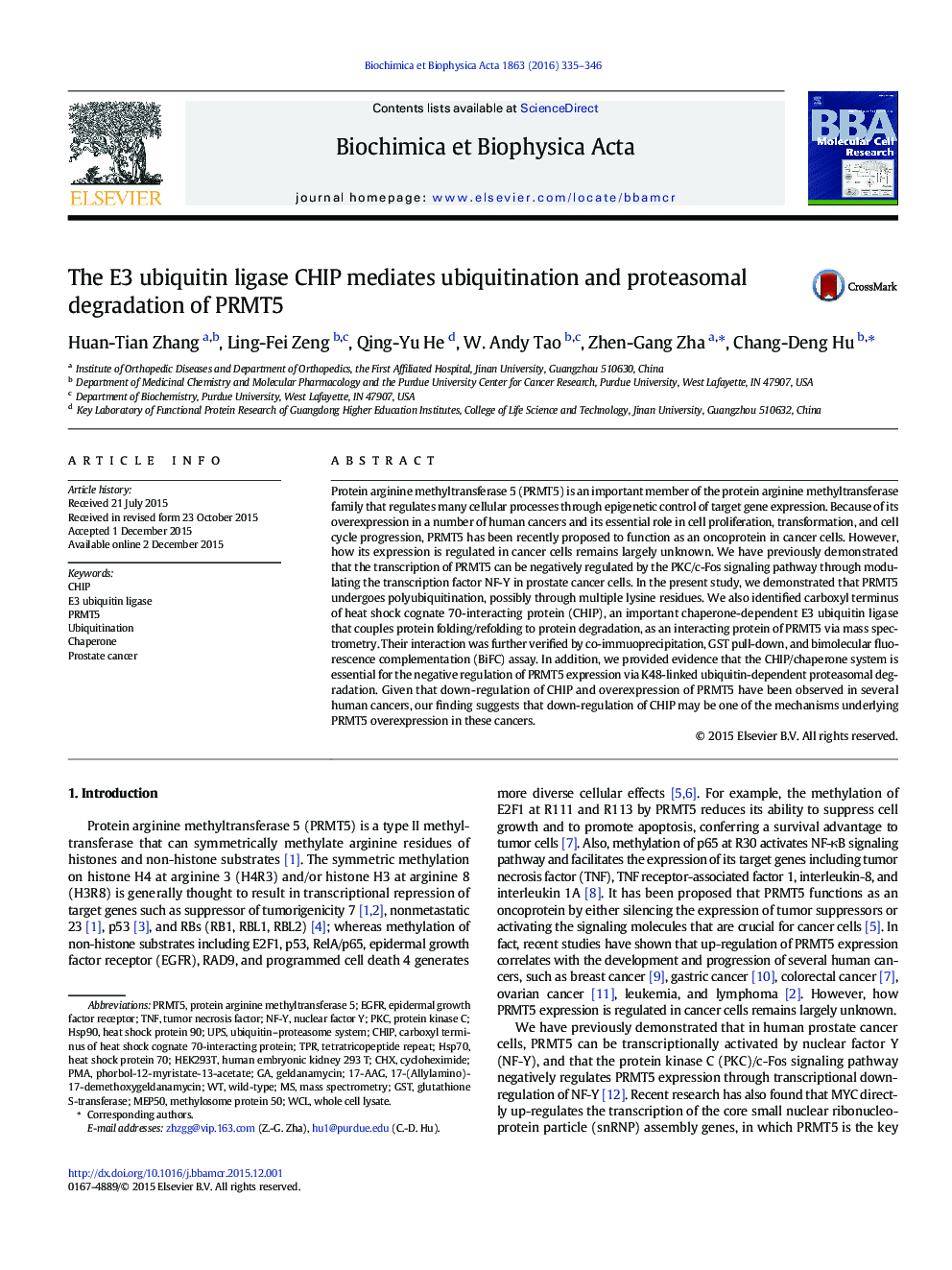 The E3 ubiquitin ligase CHIP mediates ubiquitination and proteasomal degradation of PRMT5