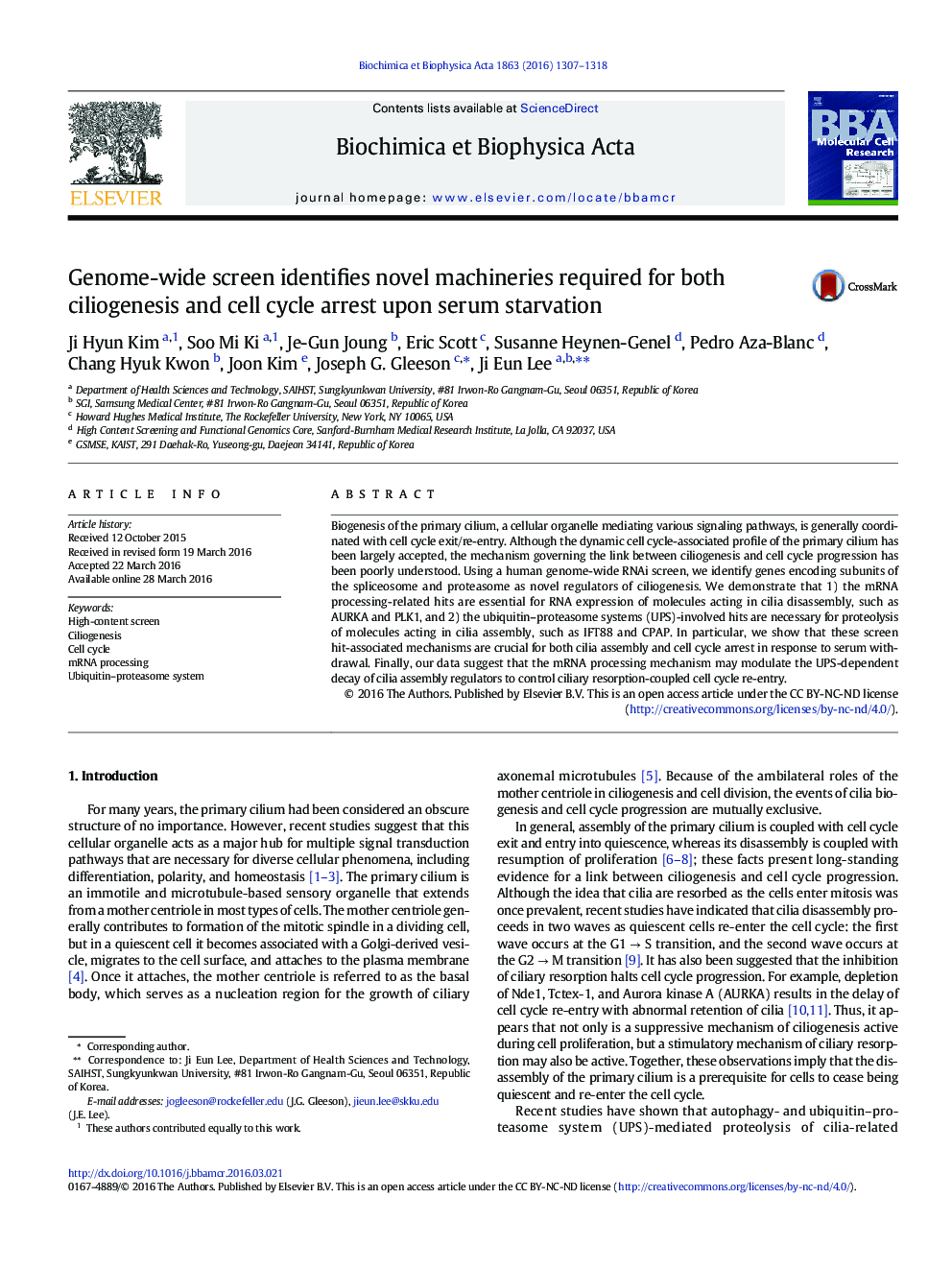 Genome-wide screen identifies novel machineries required for both ciliogenesis and cell cycle arrest upon serum starvation