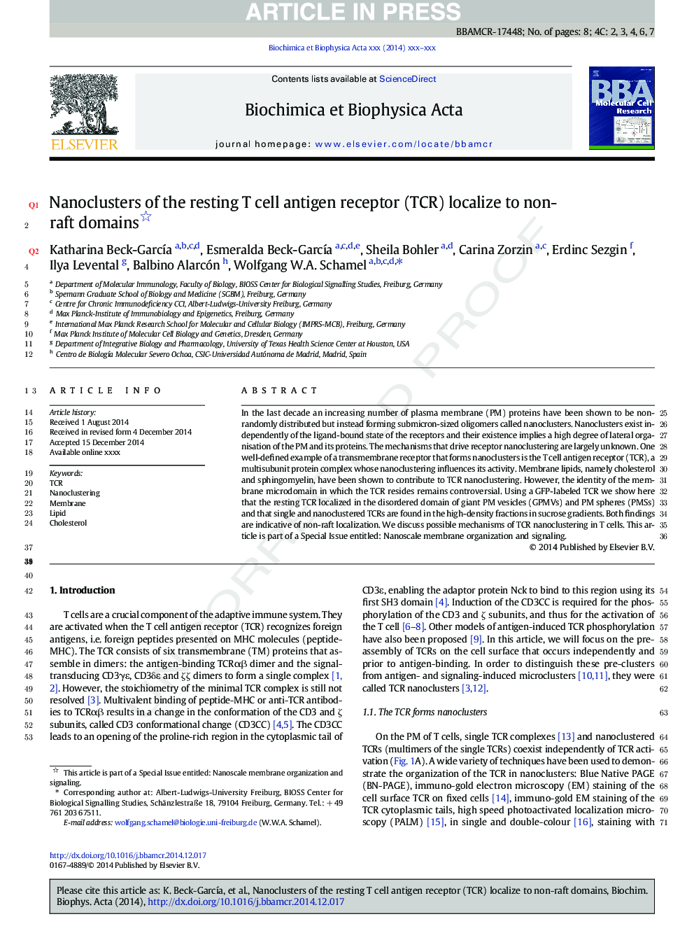 Nanoclusters of the resting T cell antigen receptor (TCR) localize to non-raft domains