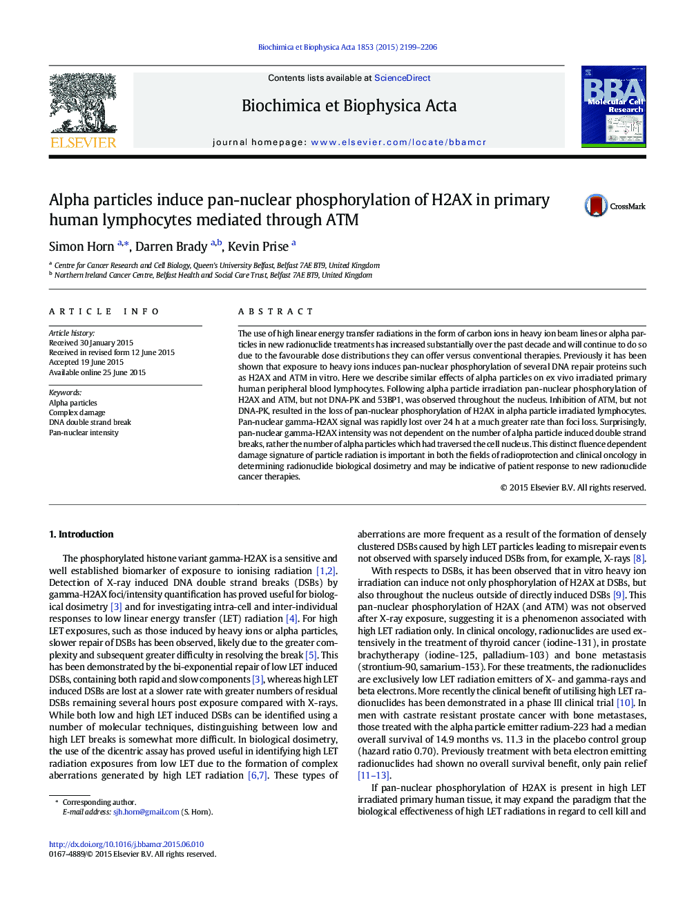 Alpha particles induce pan-nuclear phosphorylation of H2AX in primary human lymphocytes mediated through ATM