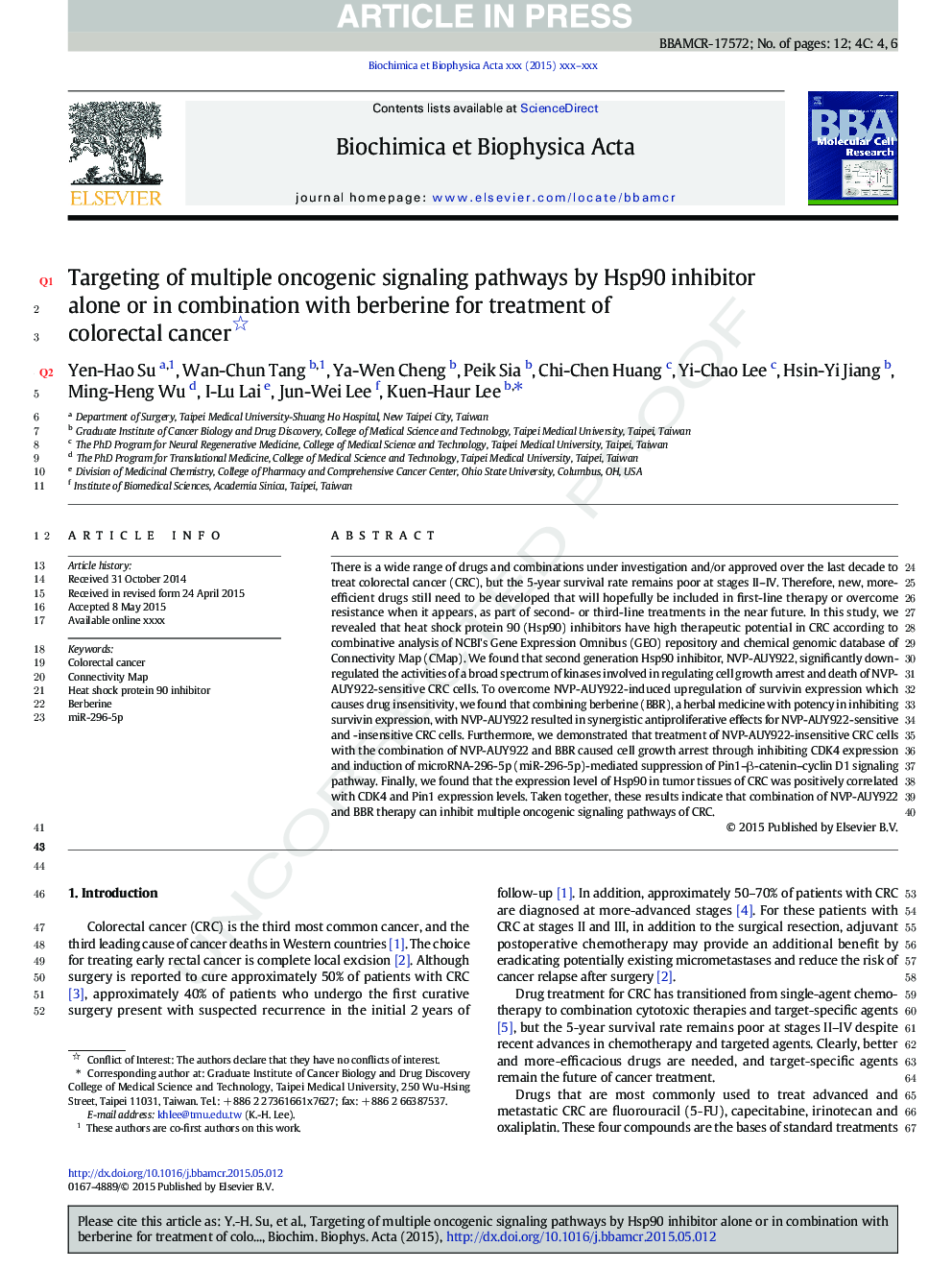 عکس صفحه اول مقاله: Targeting of multiple oncogenic signaling pathways by Hsp90 inhibitor alone or in combination with berberine for treatment of colorectal cancer Targeting of multiple oncogenic signaling pathways by Hsp90 inhibitor alone or in combination with berberine for treatment of colorectal cancer