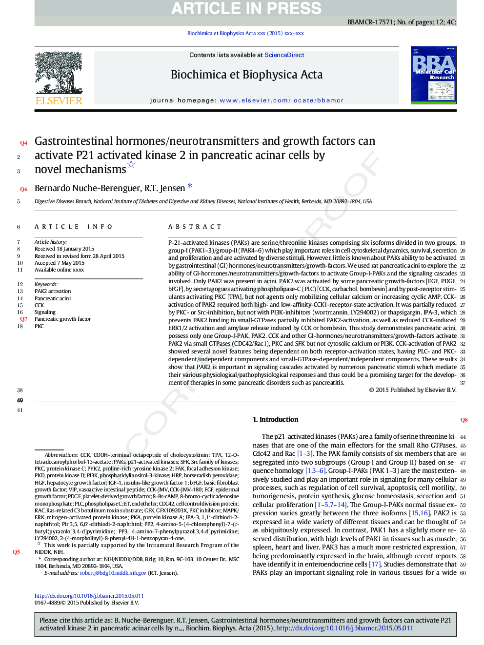 Gastrointestinal hormones/neurotransmitters and growth factors can activate P21 activated kinase 2 in pancreatic acinar cells by novel mechanisms