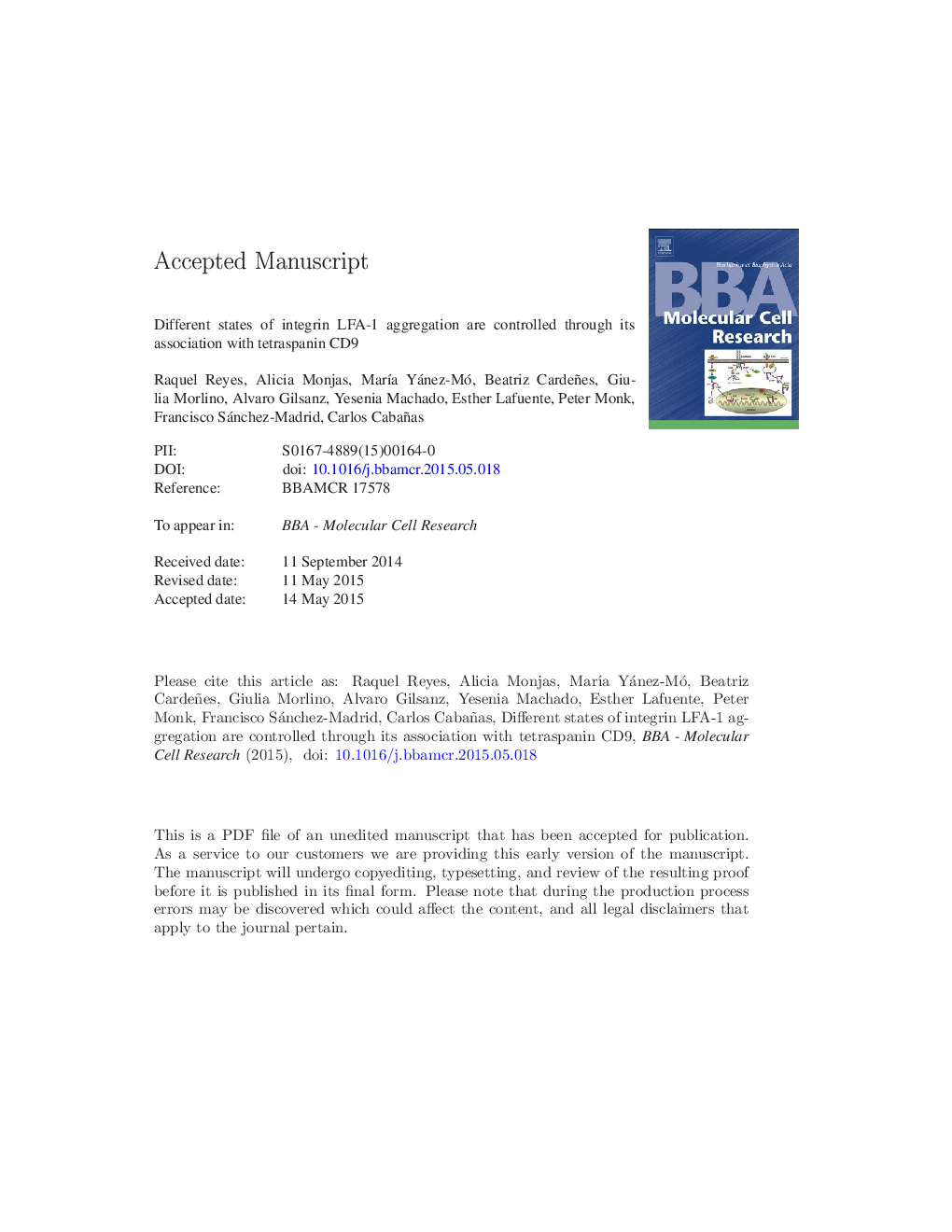 Different states of integrin LFA-1 aggregation are controlled through its association with tetraspanin CD9