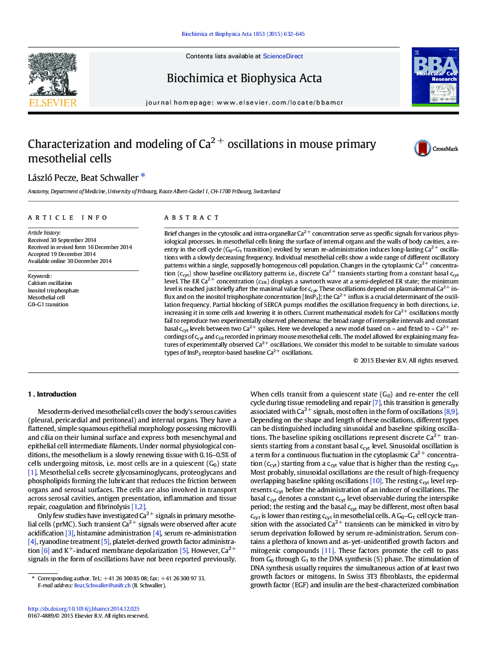 Characterization and modeling of Ca2Â + oscillations in mouse primary mesothelial cells