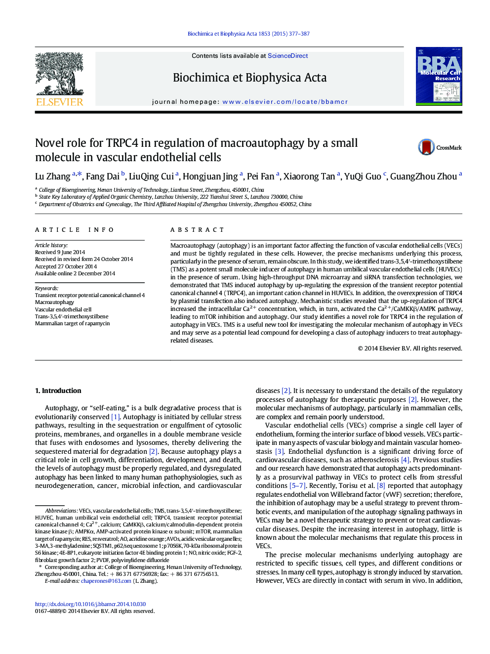 Novel role for TRPC4 in regulation of macroautophagy by a small molecule in vascular endothelial cells