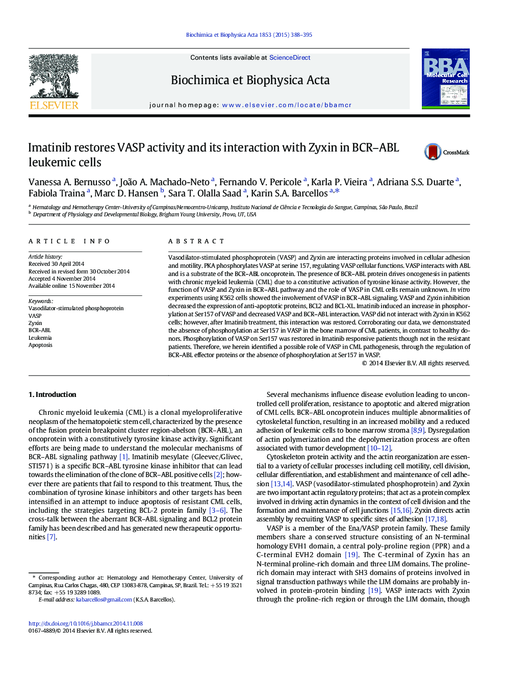 Imatinib restores VASP activity and its interaction with Zyxin in BCR-ABL leukemic cells