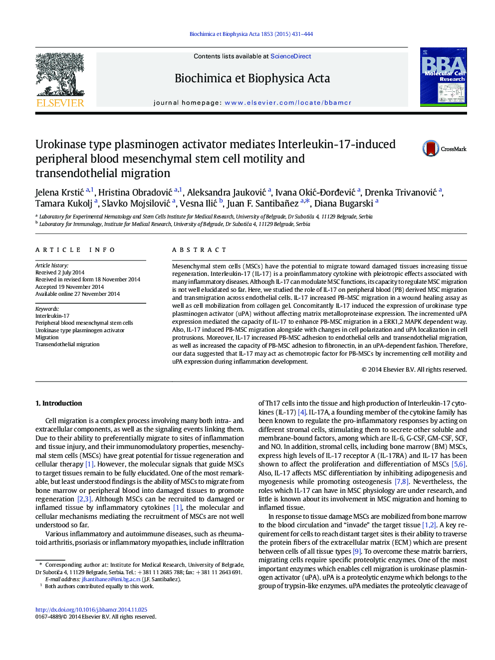 Urokinase type plasminogen activator mediates Interleukin-17-induced peripheral blood mesenchymal stem cell motility and transendothelial migration