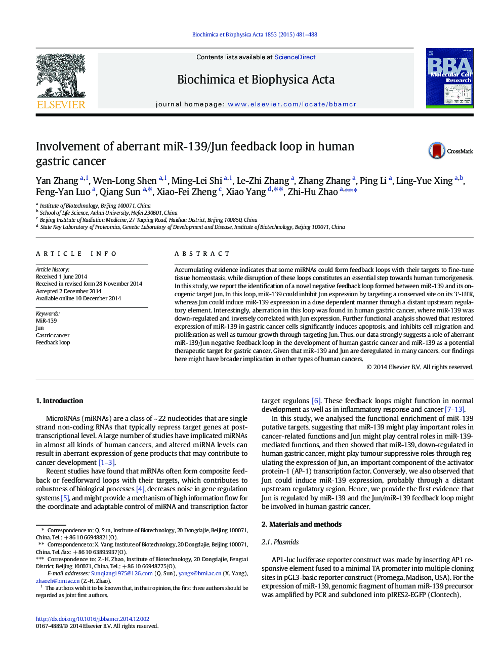 Involvement of aberrant miR-139/Jun feedback loop in human gastric cancer