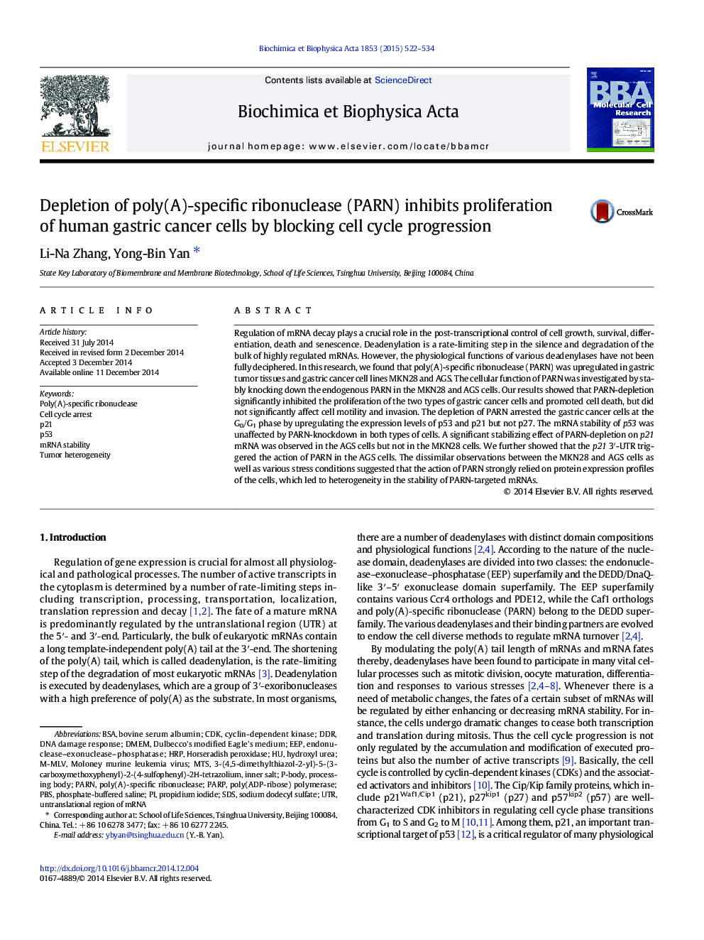 Depletion of poly(A)-specific ribonuclease (PARN) inhibits proliferation of human gastric cancer cells by blocking cell cycle progression