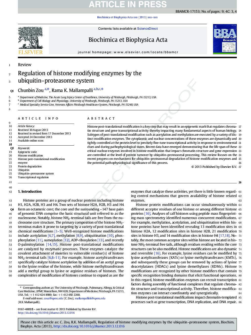 Regulation of histone modifying enzymes by the ubiquitin-proteasome system