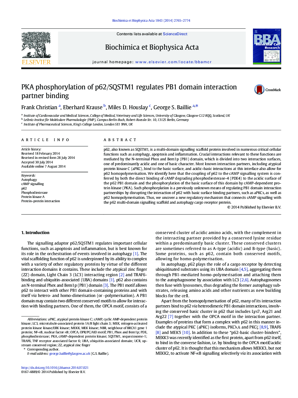 PKA phosphorylation of p62/SQSTM1 regulates PB1 domain interaction partner binding
