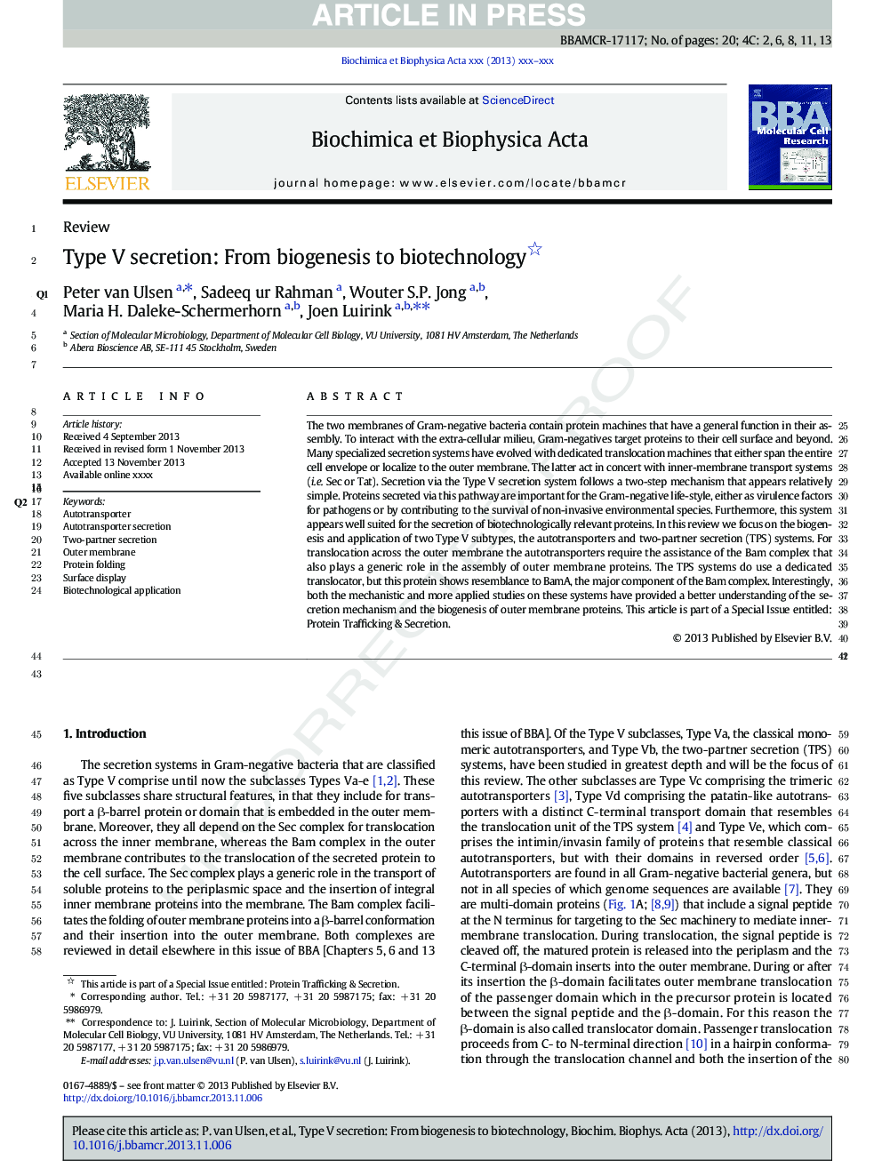 Type V secretion: From biogenesis to biotechnology