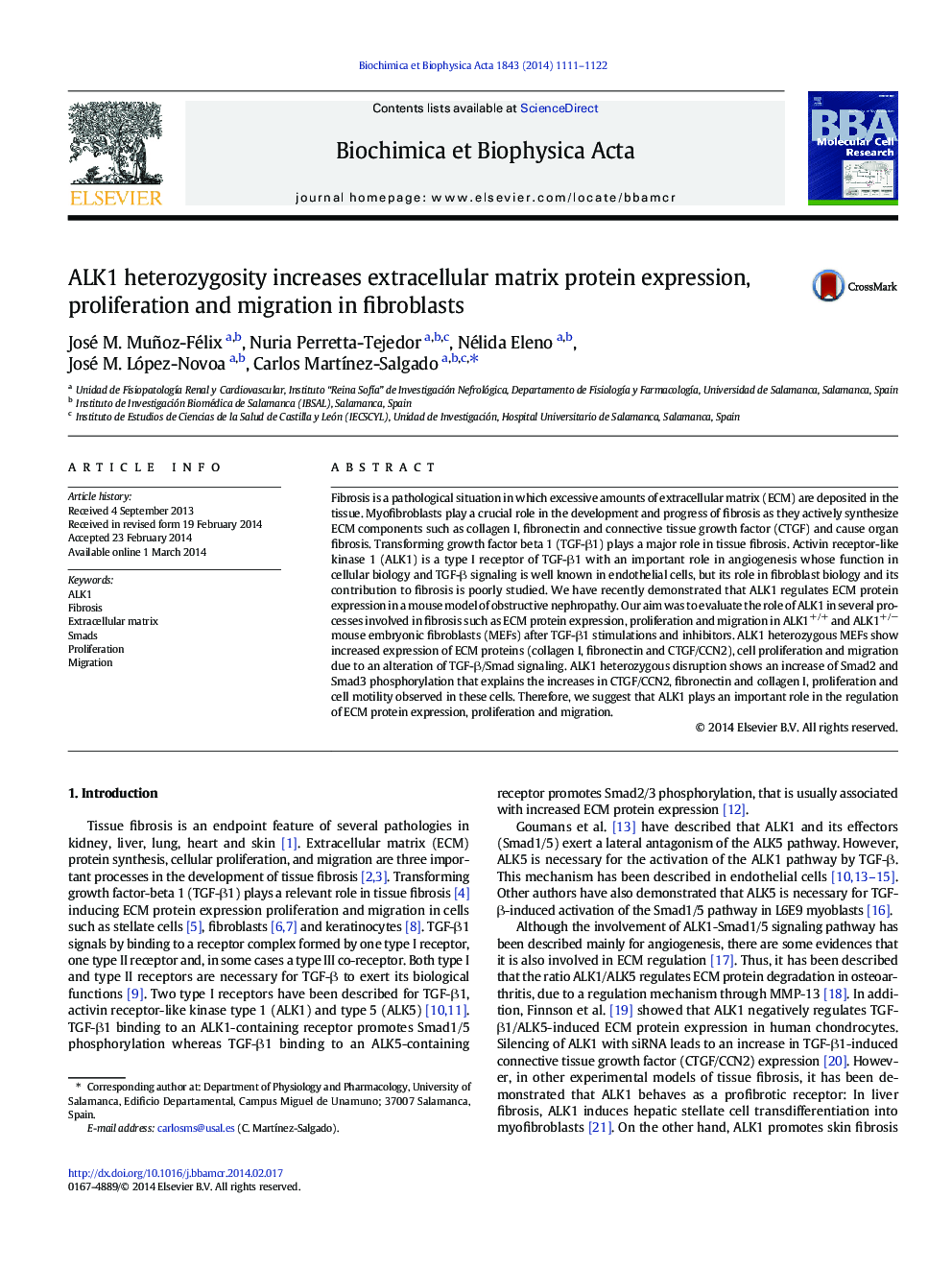 ALK1 heterozygosity increases extracellular matrix protein expression, proliferation and migration in fibroblasts