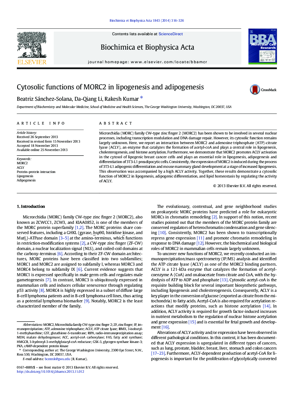 Cytosolic functions of MORC2 in lipogenesis and adipogenesis