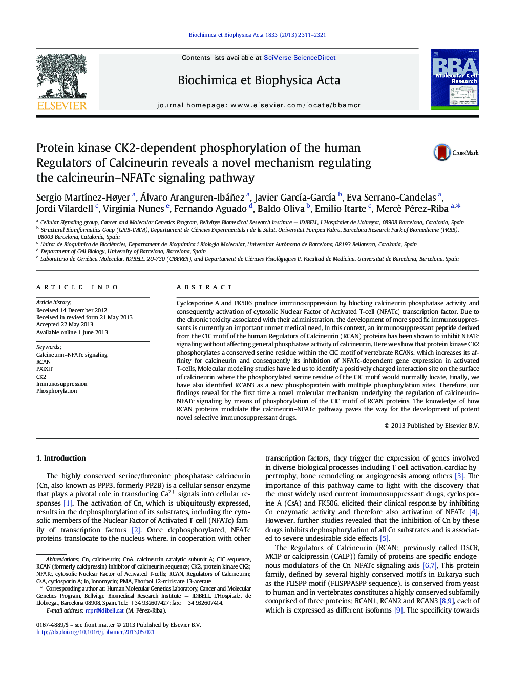 Protein kinase CK2-dependent phosphorylation of the human Regulators of Calcineurin reveals a novel mechanism regulating the calcineurin-NFATc signaling pathway