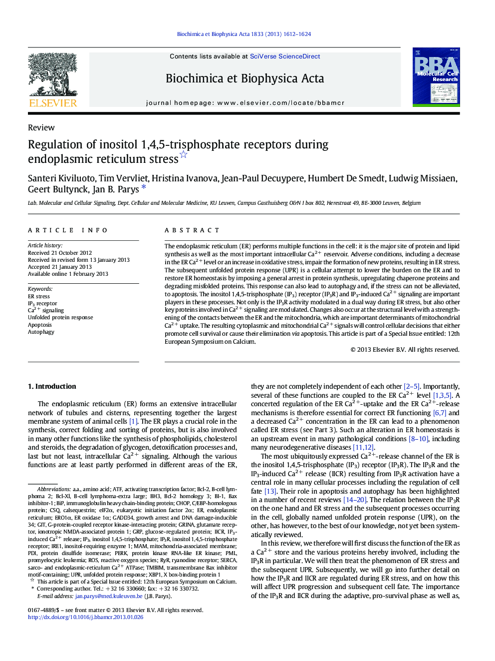 Regulation of inositol 1,4,5-trisphosphate receptors during endoplasmic reticulum stress