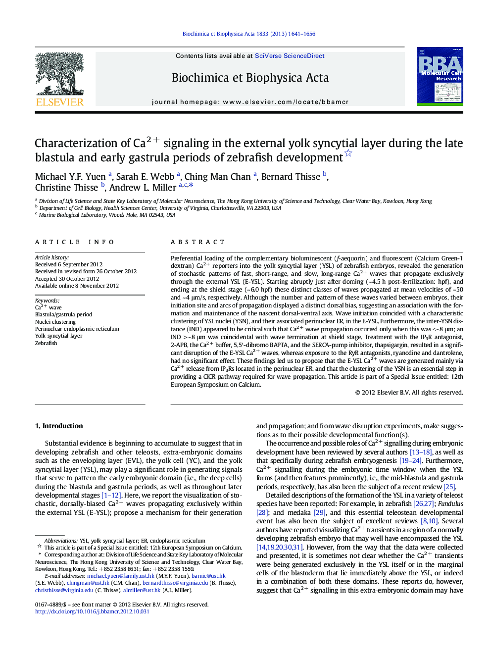 Characterization of Ca2Â + signaling in the external yolk syncytial layer during the late blastula and early gastrula periods of zebrafish development